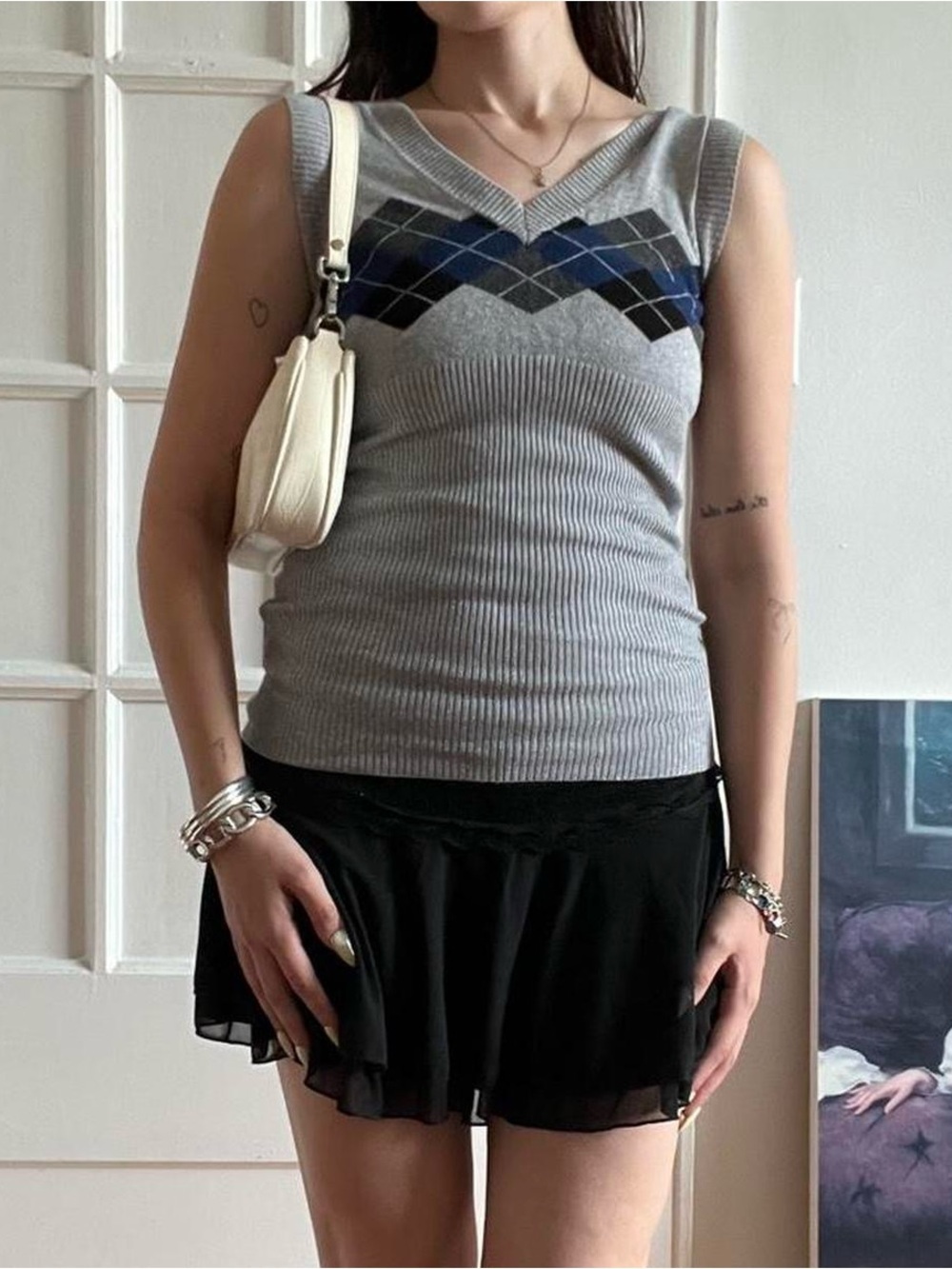 Size Medium Gray Seductions Argyle Patterned Tank